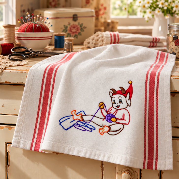 Vintage Days of the Week Gremlin hand embroidery designs stitched on white flour sack kitchen towels using Aunt Martha's® #3166 iron-on embroidery transfers.