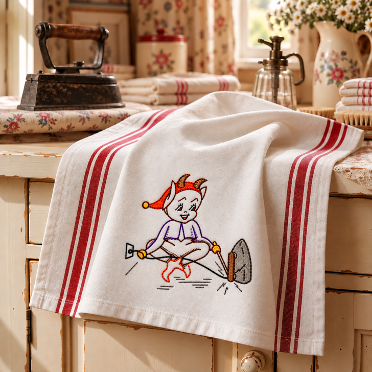 Vintage Days of the Week Gremlin hand embroidery designs stitched on white flour sack kitchen towels using Aunt Martha's® #3166 iron-on embroidery transfers.