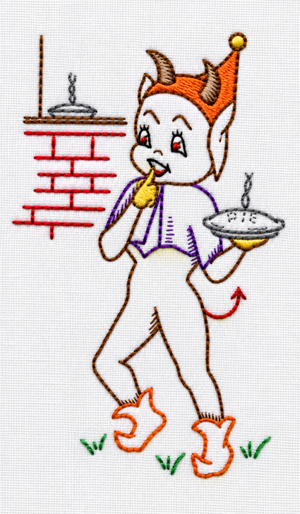 Seven vintage Days of the Week Gremlin embroidery designs depicting mischievous household spirits disrupting washing, ironing, mending, shopping, cleaning, baking, and resting.