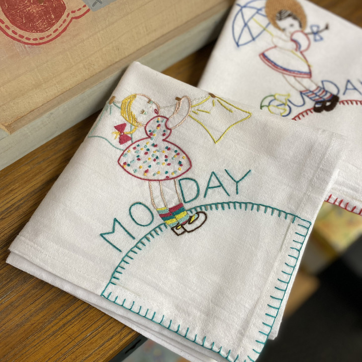 Iron-on Hand Embroidery Transfer Pattern Aunt Martha's® #9470 Penelope Tea Towels - Monday