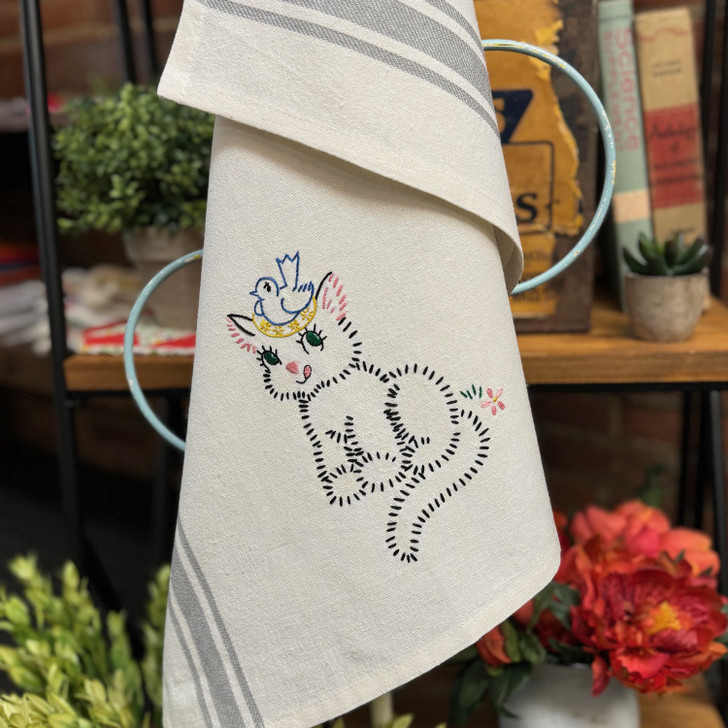 Hand Stitch Iron-on Embroidery Transfer Pattern Aunt Martha's® #9883 Young Animals for Tea Towels re-issued #3402 Farm Pets. Shown on Aunt Martha's® Vintage Retro Stripe Dishtowels.