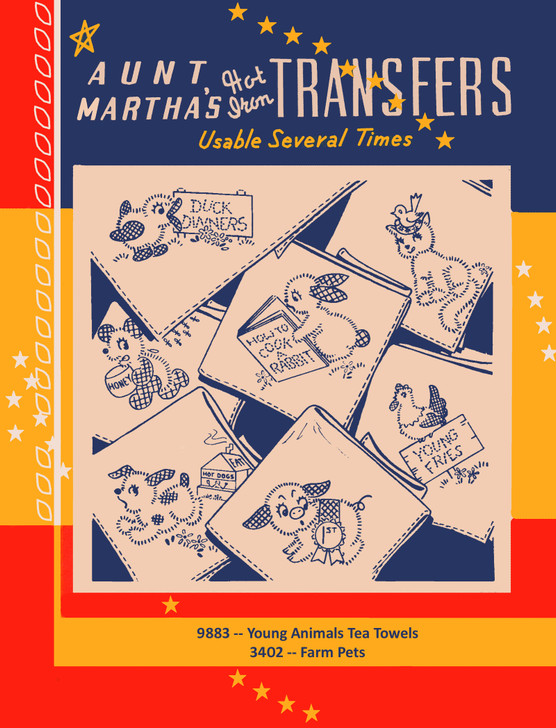 Hand Stitch Iron-on Embroidery Transfer Pattern Aunt Martha's® #9883 Young Animals for Tea Towels re-issued #3402 Farm Pets.