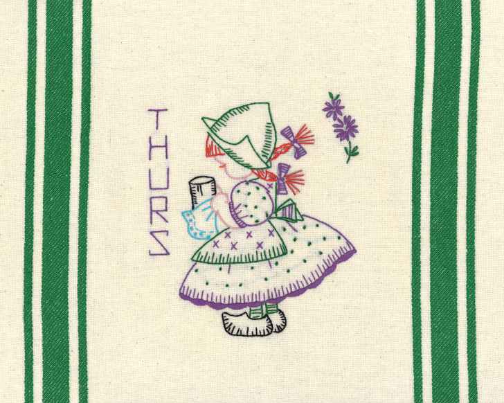 Vogart® Hand Stitch Iron-on Embroidery Transfer Pattern #672 Dutch Treat stitched onto Aunt Martha's® retro bold striped kitchen towels.