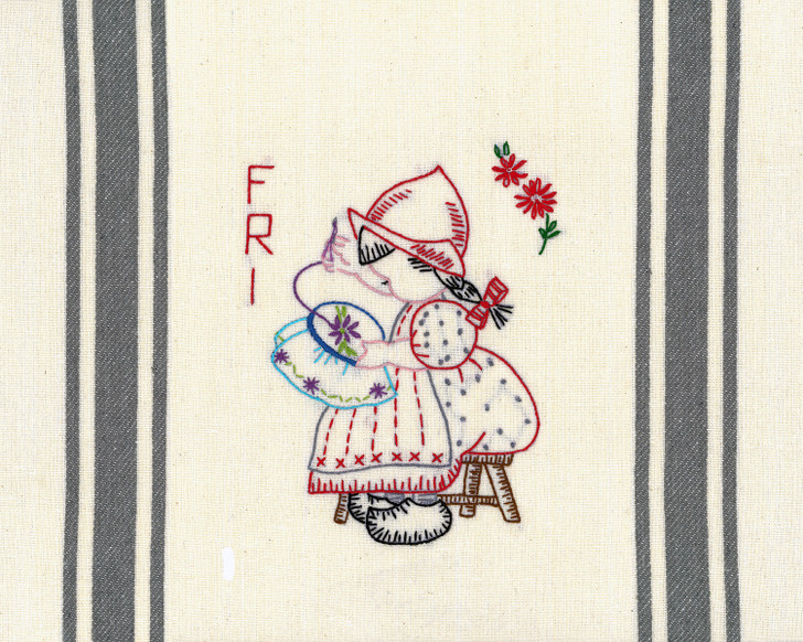 Vogart® Hand Stitch Iron-on Embroidery Transfer Pattern #672 Dutch Treat stitched onto Aunt Martha's® retro bold striped kitchen towels.