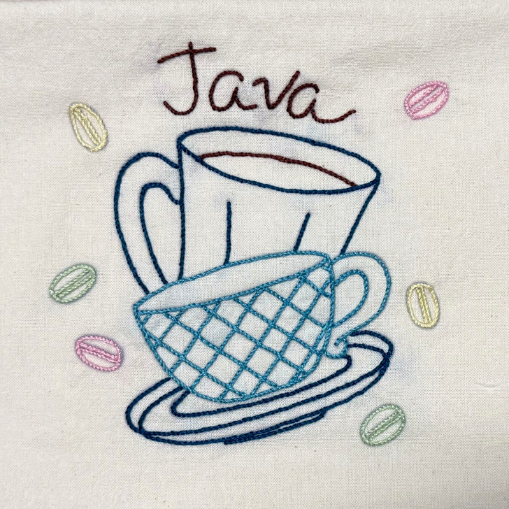 Stitcher’s Revolution SR47 Java Break iron-on embroidery transfer pattern featuring 11 coffeehouse designs such as Java beans