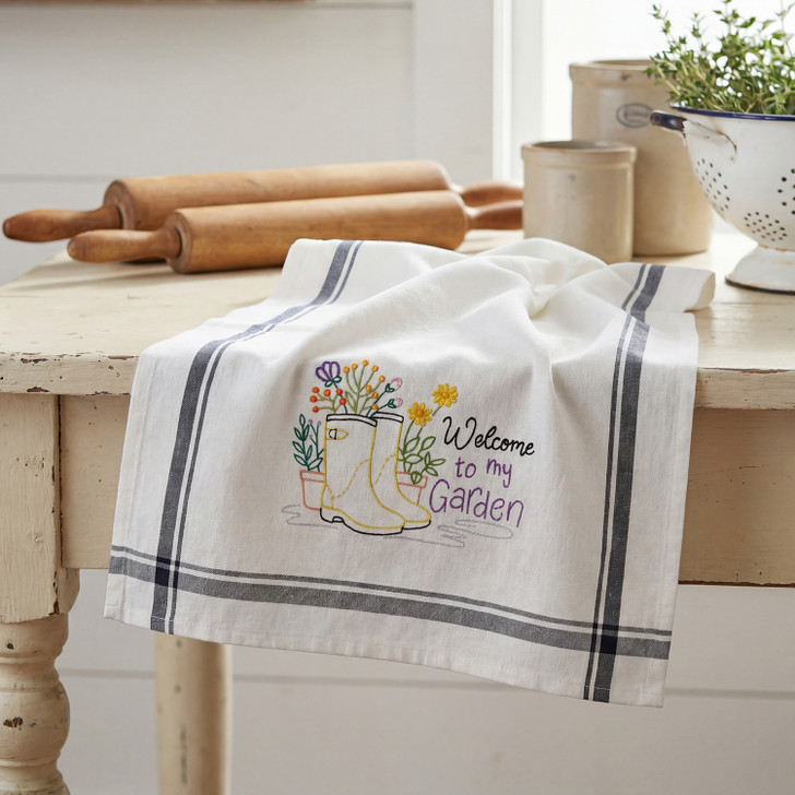 Aunt Martha's® #4044 Wildflowers Iron-on Hand Stitch Embroidery Transfer Pattern - Welcome To My Garden stitched onto Aunt Martha's® Vintage Retro Stripe Dishtowels.