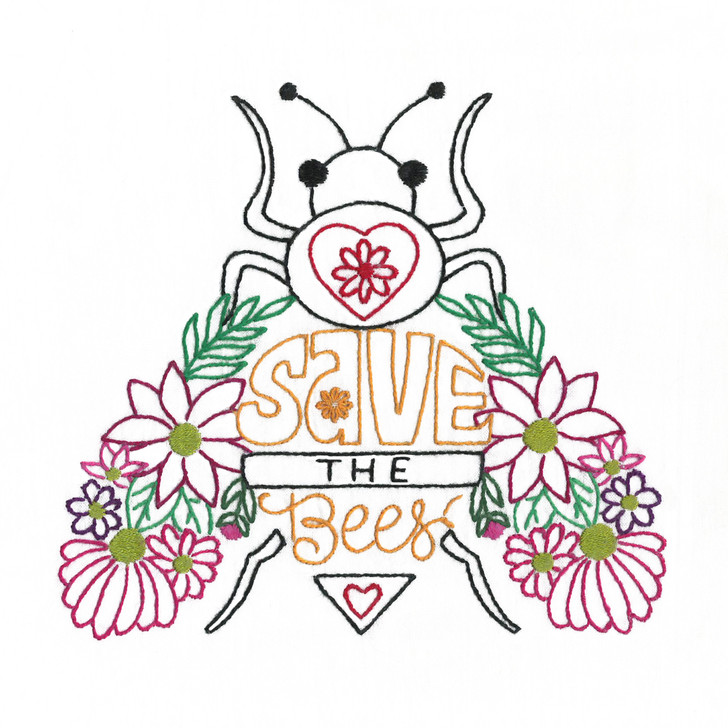 Stitcher’s Revolution SR49 Buzzing Bees iron-on embroidery transfer pattern featuring bees, hives, honey pots, flowers, and save the bees design.