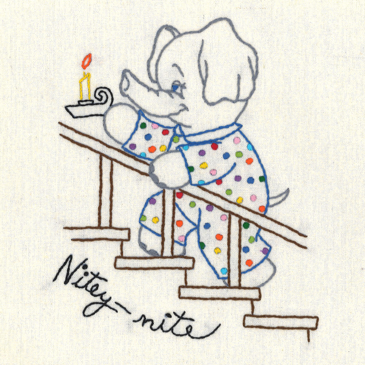 Aunt Martha’s #3797 Funny Elephants vintage iron-on embroidery transfer pattern with seven humorous elephant designs.