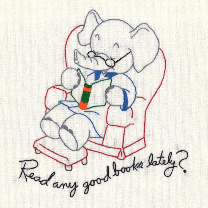 Aunt Martha’s #3797 Funny Elephants vintage iron-on embroidery transfer pattern with seven humorous elephant designs.