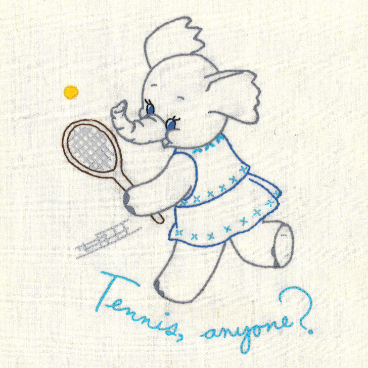 Aunt Martha’s #3797 Funny Elephants vintage iron-on embroidery transfer pattern with seven humorous elephant designs.