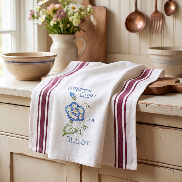 Vogart #215 A Flower A Day for Your Kitchen vintage iron-on Days of the Week embroidery transfer pattern featuring seven floral designs and smaller motifs for potholders and guest towels.