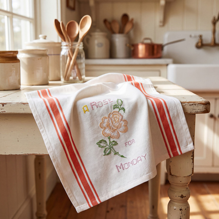 Vogart #215 A Flower A Day for Your Kitchen vintage iron-on Days of the Week embroidery transfer pattern featuring seven floral designs and smaller motifs for potholders and guest towels.