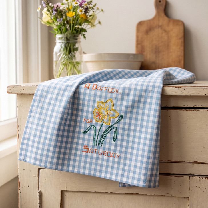 Vogart #215 A Flower A Day for Your Kitchen vintage iron-on Days of the Week embroidery transfer pattern featuring seven floral designs and smaller motifs for potholders and guest towels.