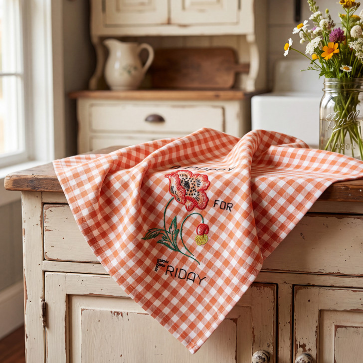 Vogart #215 A Flower A Day for Your Kitchen vintage iron-on Days of the Week embroidery transfer pattern featuring seven floral designs and smaller motifs for potholders and guest towels.