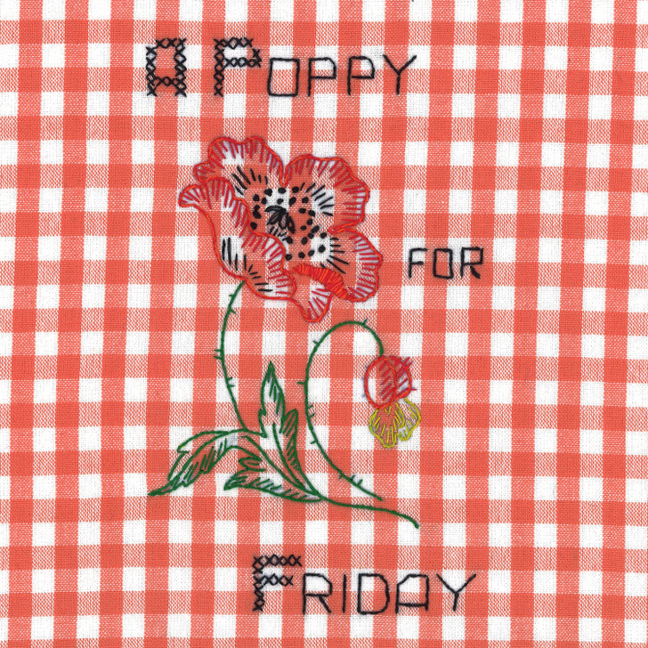 Vogart #215 A Flower A Day for Your Kitchen vintage iron-on Days of the Week embroidery transfer pattern featuring seven floral designs and smaller motifs for potholders and guest towels.