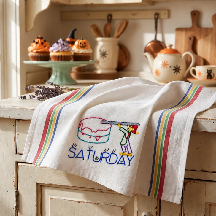 Vintage Days of the Week Brownies hand embroidery designs stitched on flour sack kitchen tea towels using Aunt Martha's® #3563 iron-on transfers.