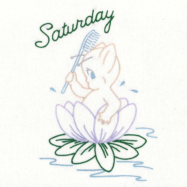 Close-up of a whimsical folklore Pixie household helper from Aunt Martha's® #699 Clever Pixie Motifs vintage hand embroidery transfer pattern.