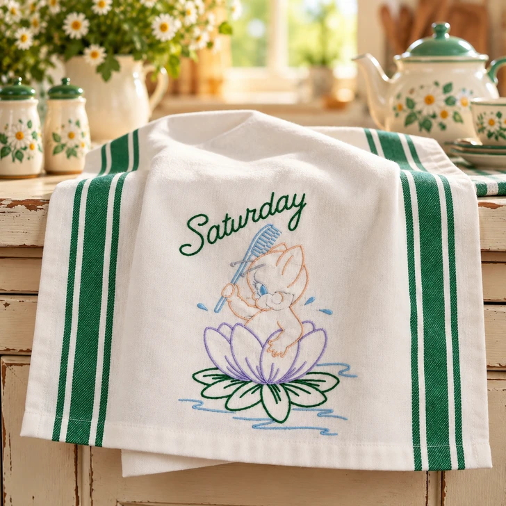 Vintage Days of the Week Pixie embroidery designs hand stitched on white flour sack kitchen tea towels using Aunt Martha's® #699 iron-on embroidery transfers.