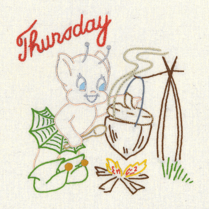 Close-up of a whimsical folklore Pixie household helper from Aunt Martha's® #699 Clever Pixie Motifs vintage hand embroidery transfer pattern.