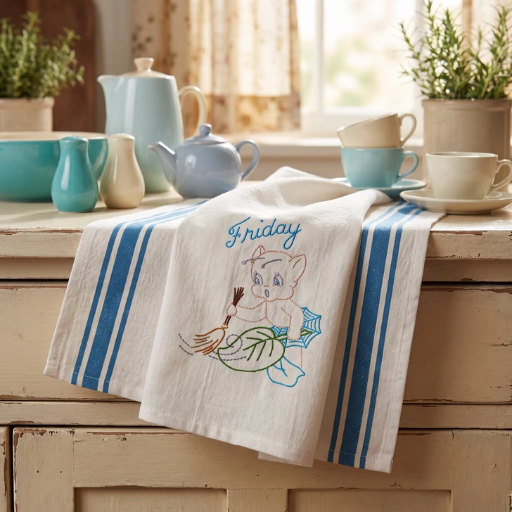 Vintage Days of the Week Pixie embroidery designs hand stitched on white flour sack kitchen tea towels using Aunt Martha's® #699 iron-on embroidery transfers.