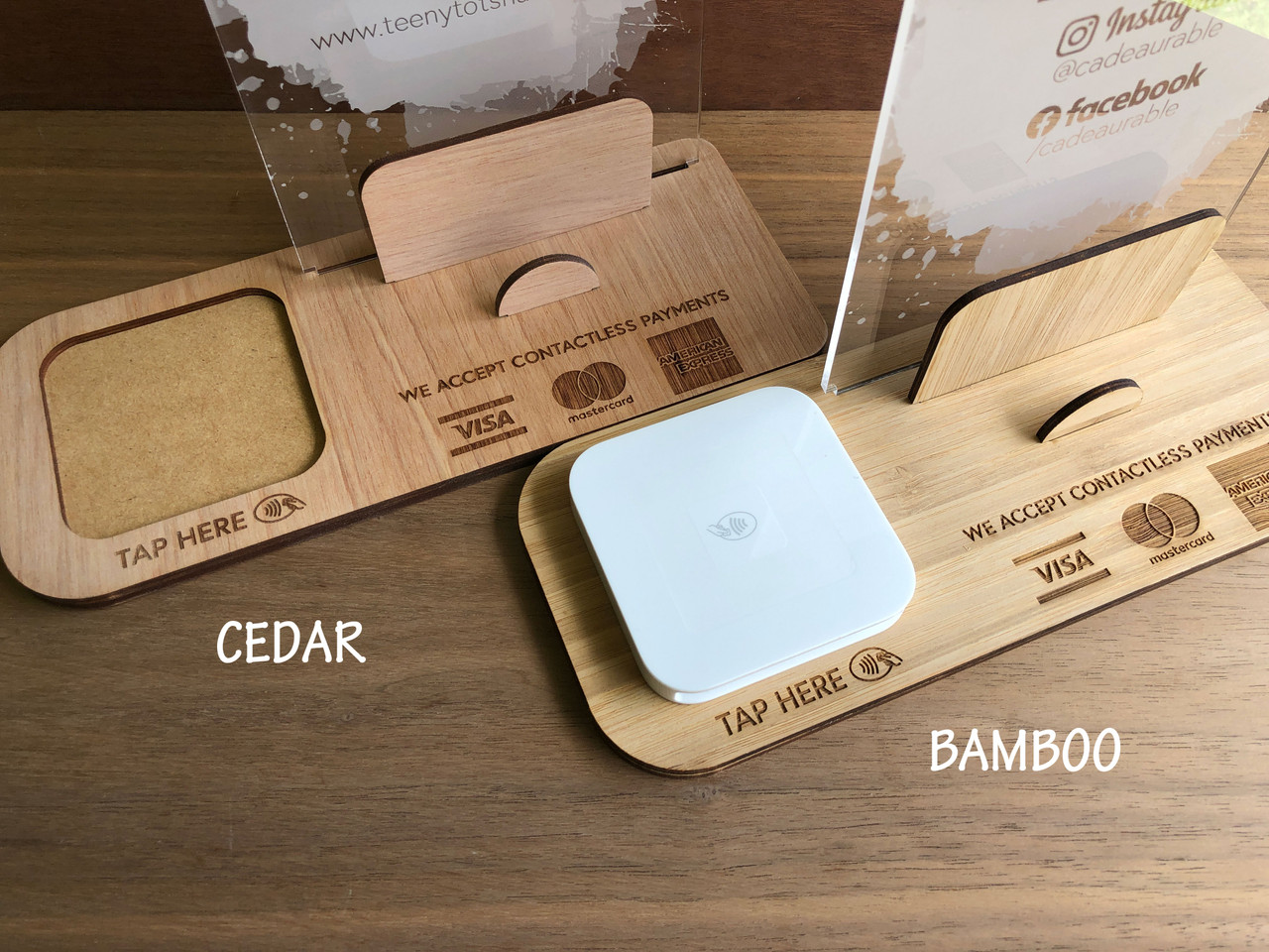 Social Media & Square Reader Holder Stand (Acrylic & Wood) Personalisable