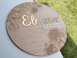 Round Name Sign - Gumnuts & Eucalyptus Leaves (Wood & Acrylic) - Personalisable Round Name Sign - Gumnuts & Eucalyptus Leaves (Wood & Acrylic) - Personalisable