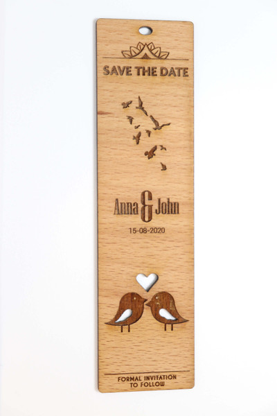 Wedding Favour (Wood) - Love Birds Save the Date Bookmark - Personalisable