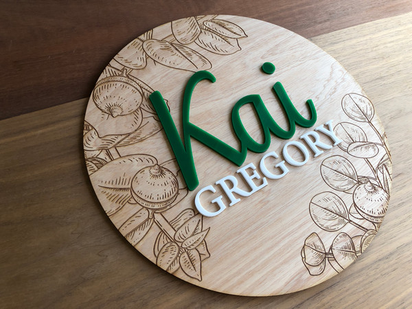 Round Name Sign - Gumnuts & Eucalyptus Leaves (Wood & Acrylic) - Personalisable