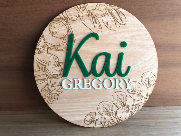 Round Name Sign - Gumnuts & Eucalyptus Leaves (Wood & Acrylic) - Personalisable