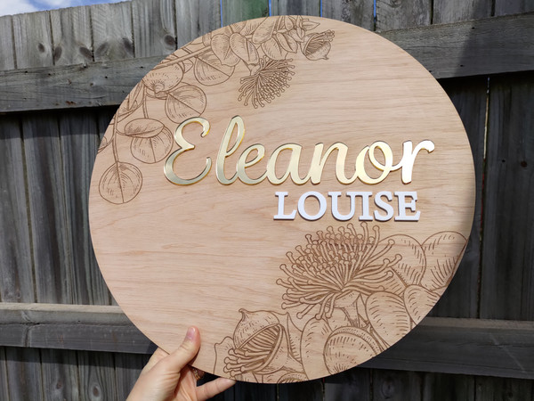 Round Name Sign - Gumnuts & Eucalyptus Leaves (Wood & Acrylic) - Personalisable