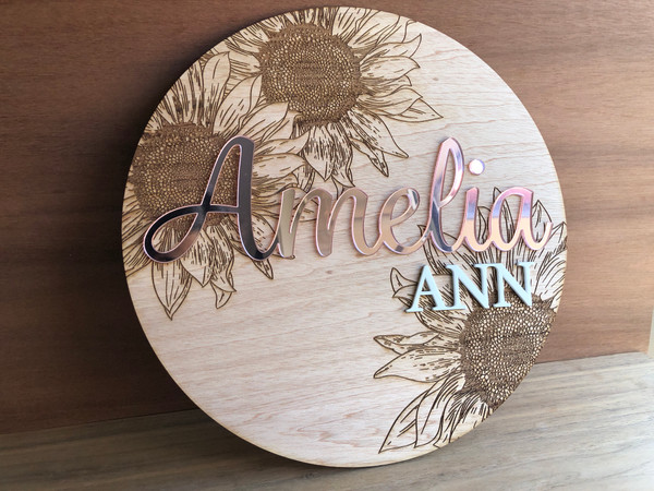 Round Name Sign - Sunflower (Wood & Acrylic) - Personalisable