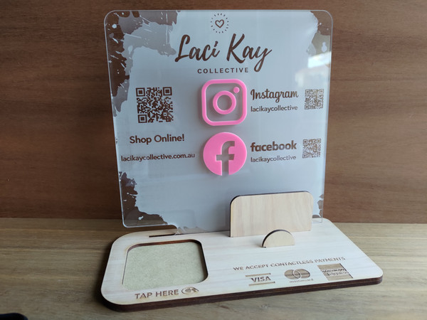Social Media  & Square Reader Holder Stand (Acrylic & Wood) -  Personalisable
