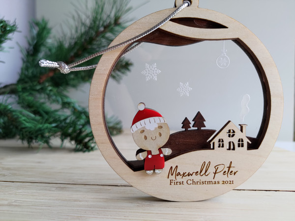 Multilayered Christmas Ornament (Wood & Acrylic) - Baby's First Christmas Village- Personalisable