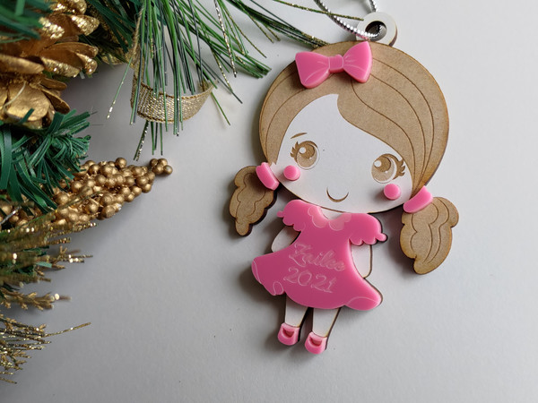 Multilayered Christmas Ornament (Wood & Acrylic) - Sweet Doll - Personalisable