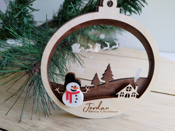 Multilayered Christmas Ornament (Wood & Acrylic) - Snowman Christmas Village- Personalisable
