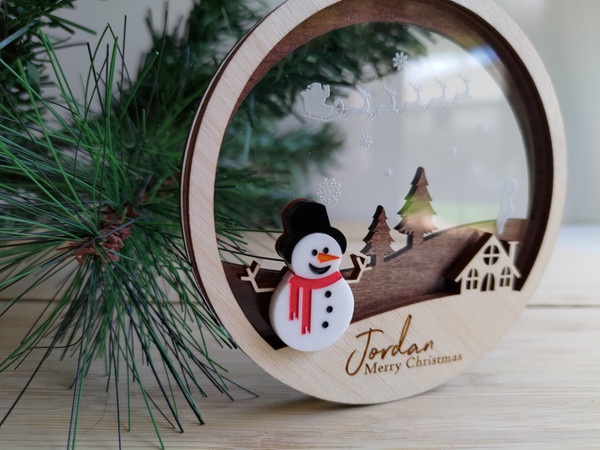 Multilayered Christmas Ornament (Wood & Acrylic) - Snowman Christmas Village- Personalisable