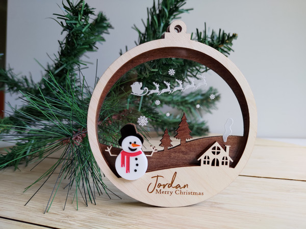 Multilayered Christmas Ornament (Wood & Acrylic) - Snowman Christmas Village- Personalisable