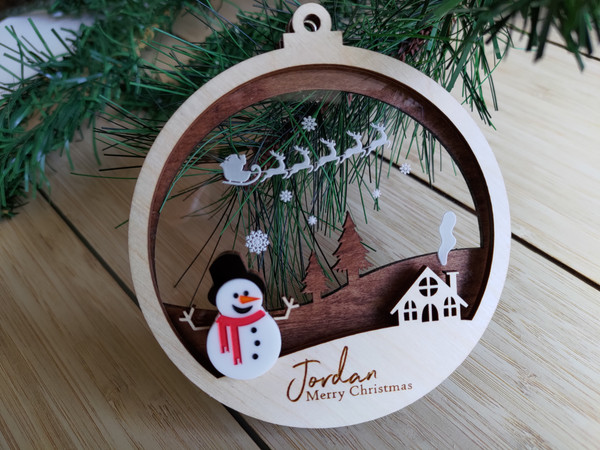 Multilayered Christmas Ornament (Wood & Acrylic) - Snowman Christmas Village- Personalisable