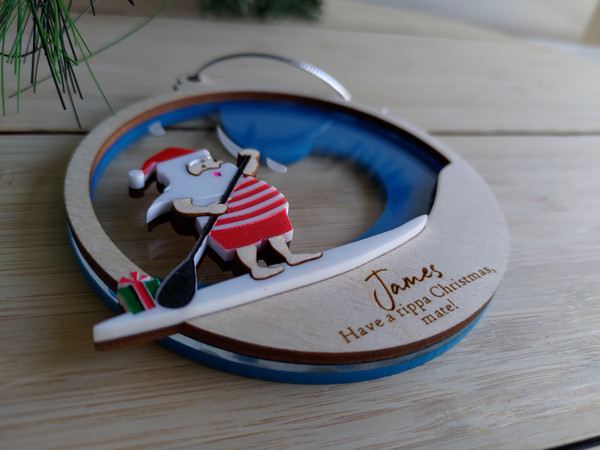 Multilayered Christmas Ornament (Wood & Acrylic) - Aussie Santa Surfing - Personalisable