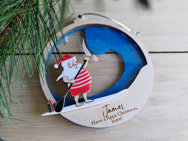 Multilayered Christmas Ornament (Wood & Acrylic) - Aussie Santa Surfing - Personalisable