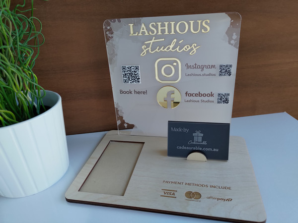 Social Media  & Square Terminal Holder Stand (Acrylic & Wood) -  Personalisable