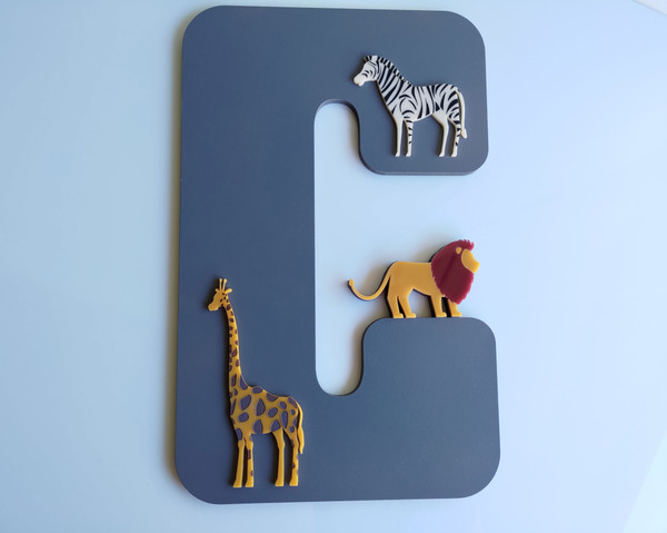 Baby's Initial Name Sign - Safari Animal Themed (Wood & Acrylic) - Personalisable
