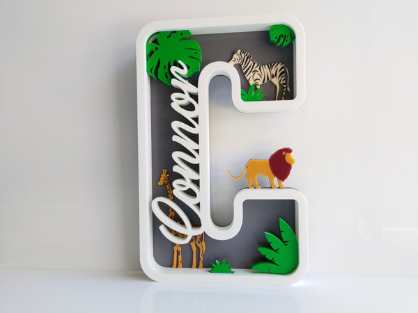 Self-Standing Initial Name Sign - Safari Animal Themed (Wood & Acrylic) - Personalisable