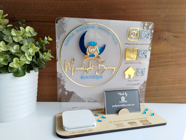 Logo Display Social Media & Square Reader Holder Stand (Wood & Acrylic) -  Personalisable