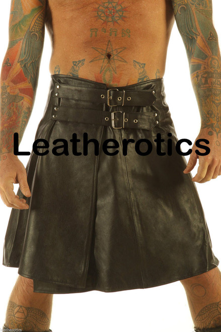 Men's black cowhide leather kilt with buckle straps, front view
