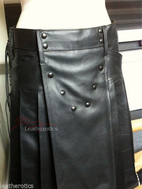 Men's black leather wrap kilt with stud buttons, side view
