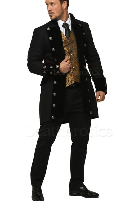 Men's black military style vintage coat, full length front view