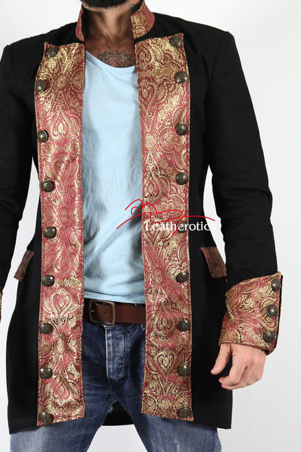 Men's black gothic military coat with pink paisley lapels, front open