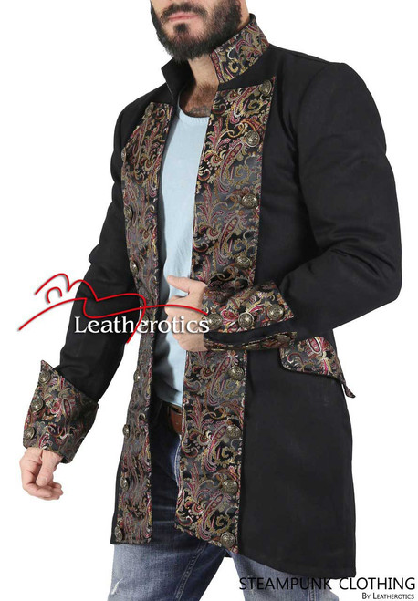Black cotton fitted military jacket with brocade lapels, front view