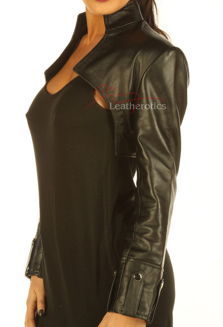 Ladies black leather bolero top with long sleeves, side view
